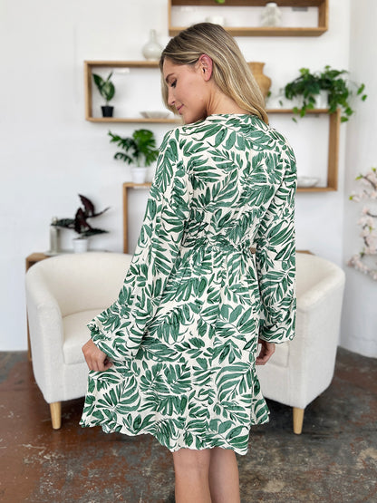 Printed Ruched Balloon Sleeve Dress - MONLANE