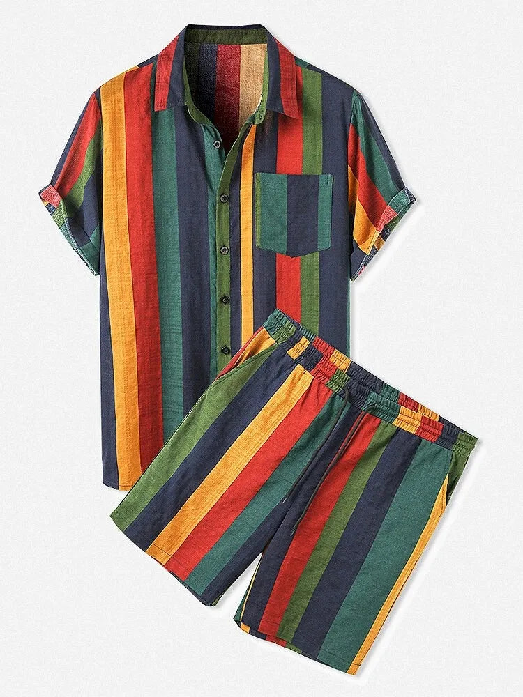 Men's Striped Button Up Shirt and Shorts Set