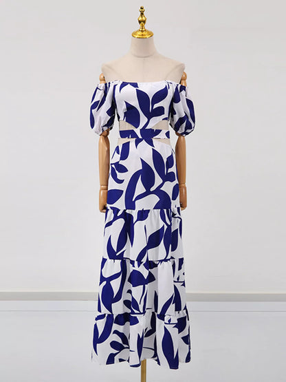 Off-Shoulder Cutout Leaf Print Dress