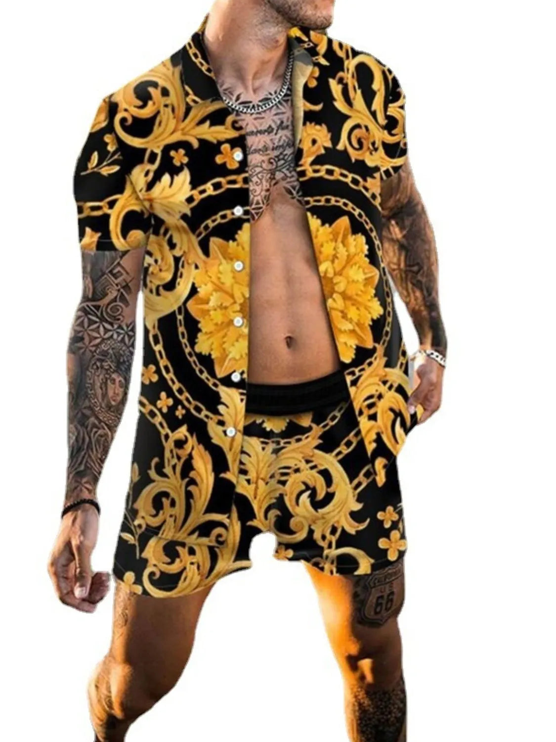 Men's Printed Short Sleeve Shirt and Shorts Set