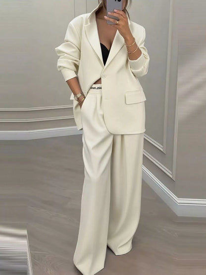 Full Size One Button Blazer & Wide Leg Pants Set Plus Size
