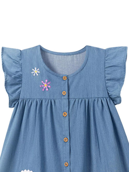 Children's Button Front Ruffle Sleeve Denim Dress
