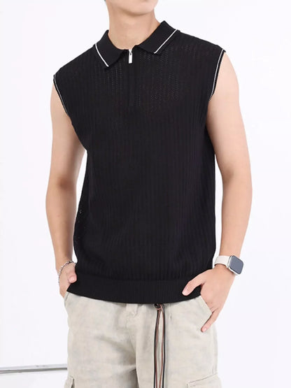 Men's Plus Size Knitted Polo Collar Zip-Up Sleeveless Top
