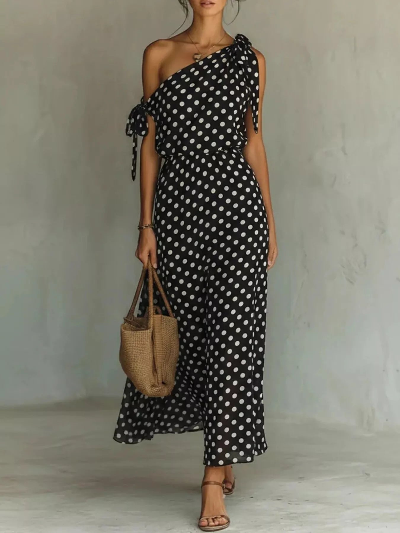Polka Dot One-Shoulder Maxi Dress