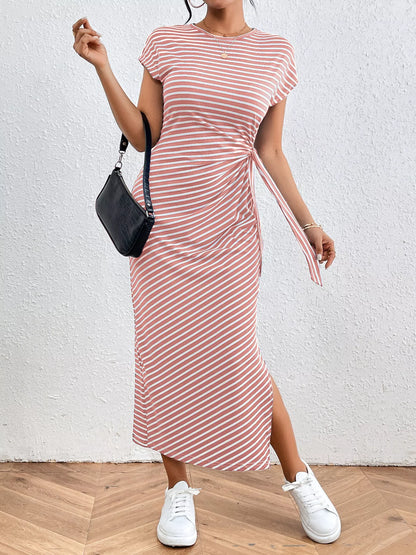 Striped Tie Side Casual Midi Dress