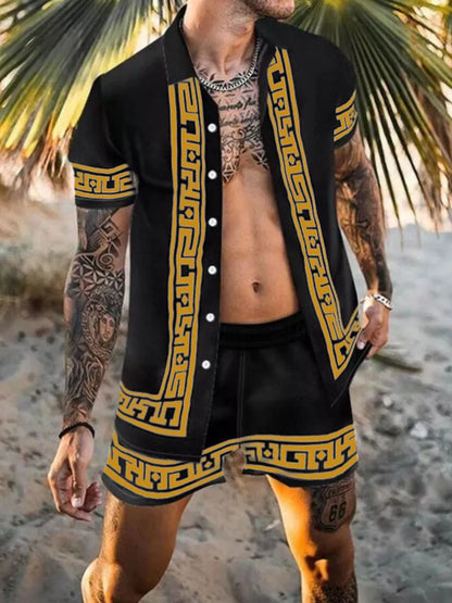 Men's Printed Collared Neck Short Sleeve Top and Shorts Set
