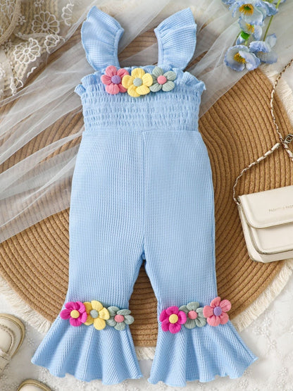Children's Floral Decor Smocked Ruffle Hem Jumpsuit