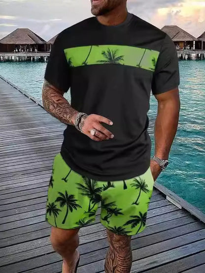 Men's Full Size Tropical Palm Tree Tee and Shorts Set Plus Size