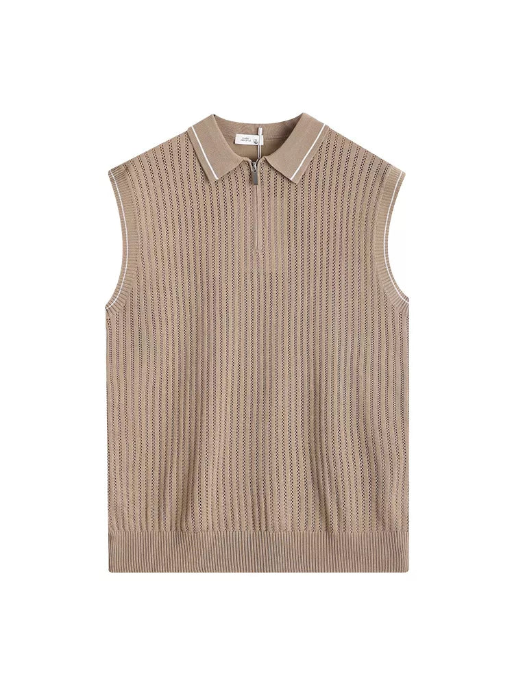 Men's Plus Size Knitted Polo Collar Zip-Up Sleeveless Top