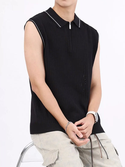 Men's Plus Size Knitted Polo Collar Zip-Up Sleeveless Top