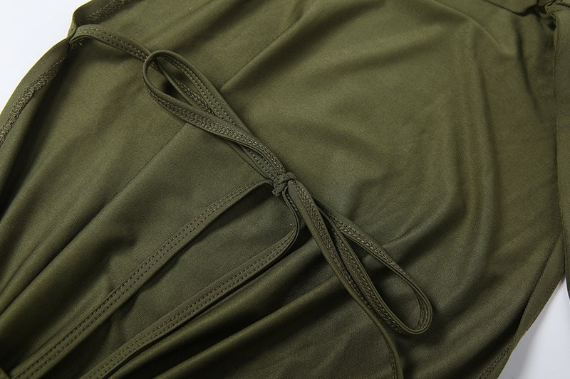 Hanging neck tie solid color exposed backpack hip dress