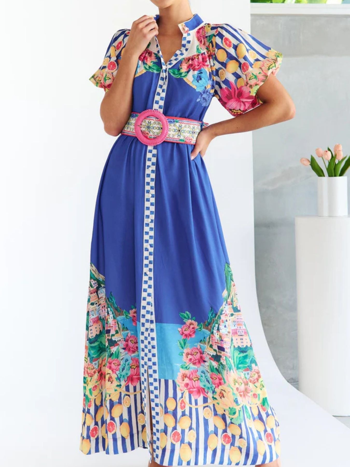 Printed Button Front Puff Sleeve Dress