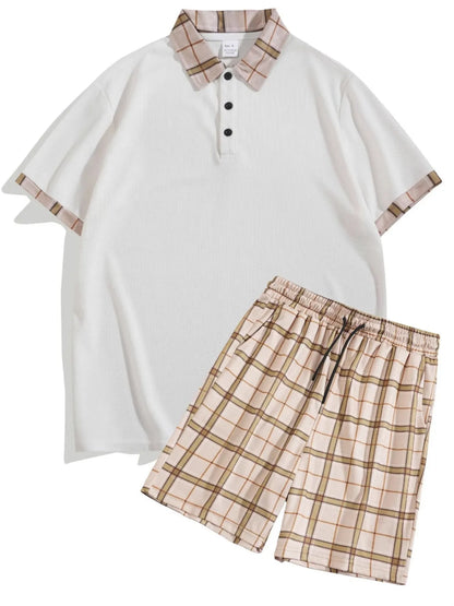 Men's Classic Plaid Collar Polo and Shorts Set