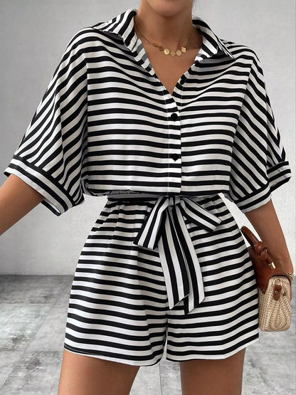 Striped Button-Up Belted Romper