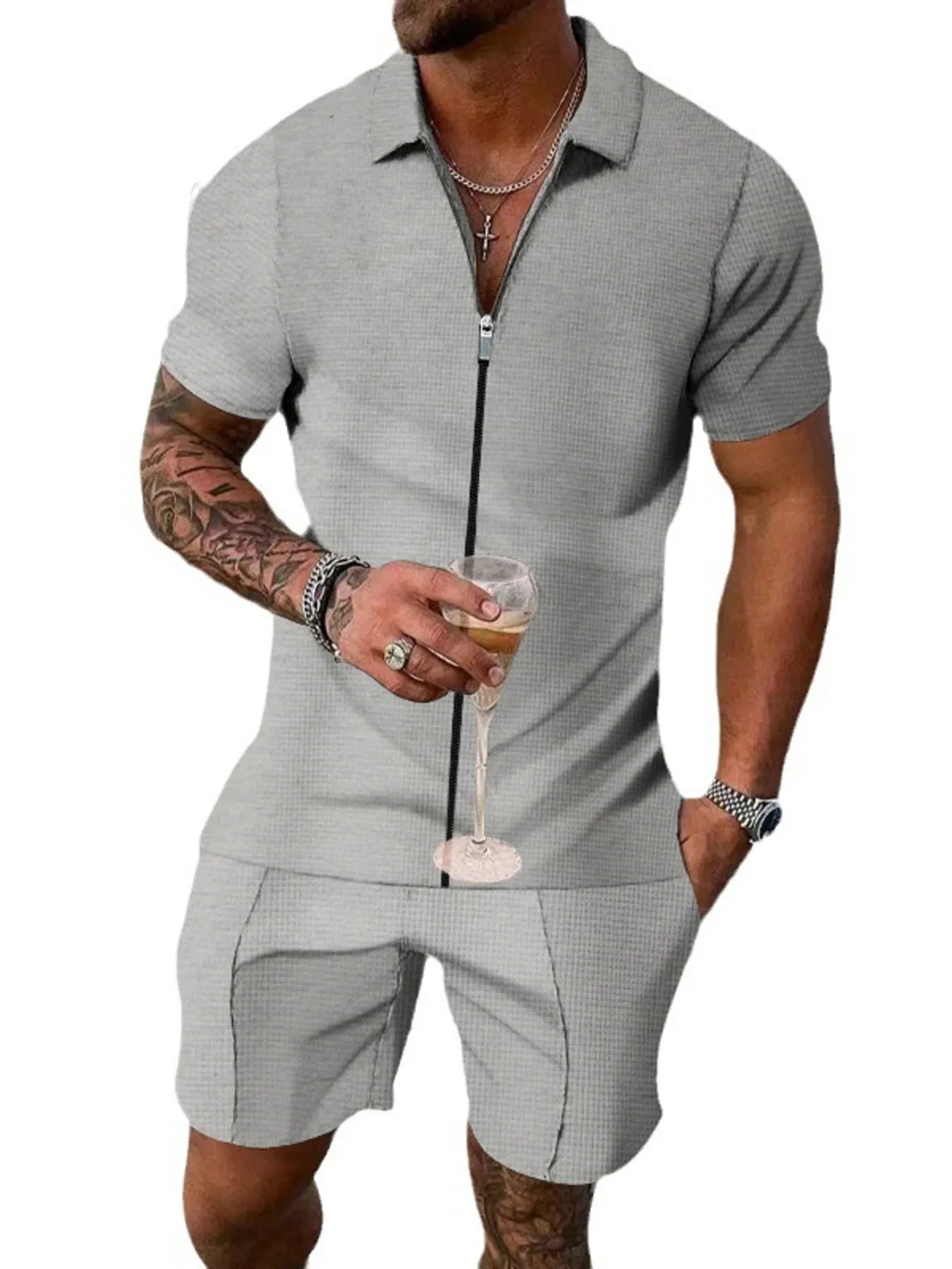 Men's Zip Up Short Sleeve Top and Shorts Set