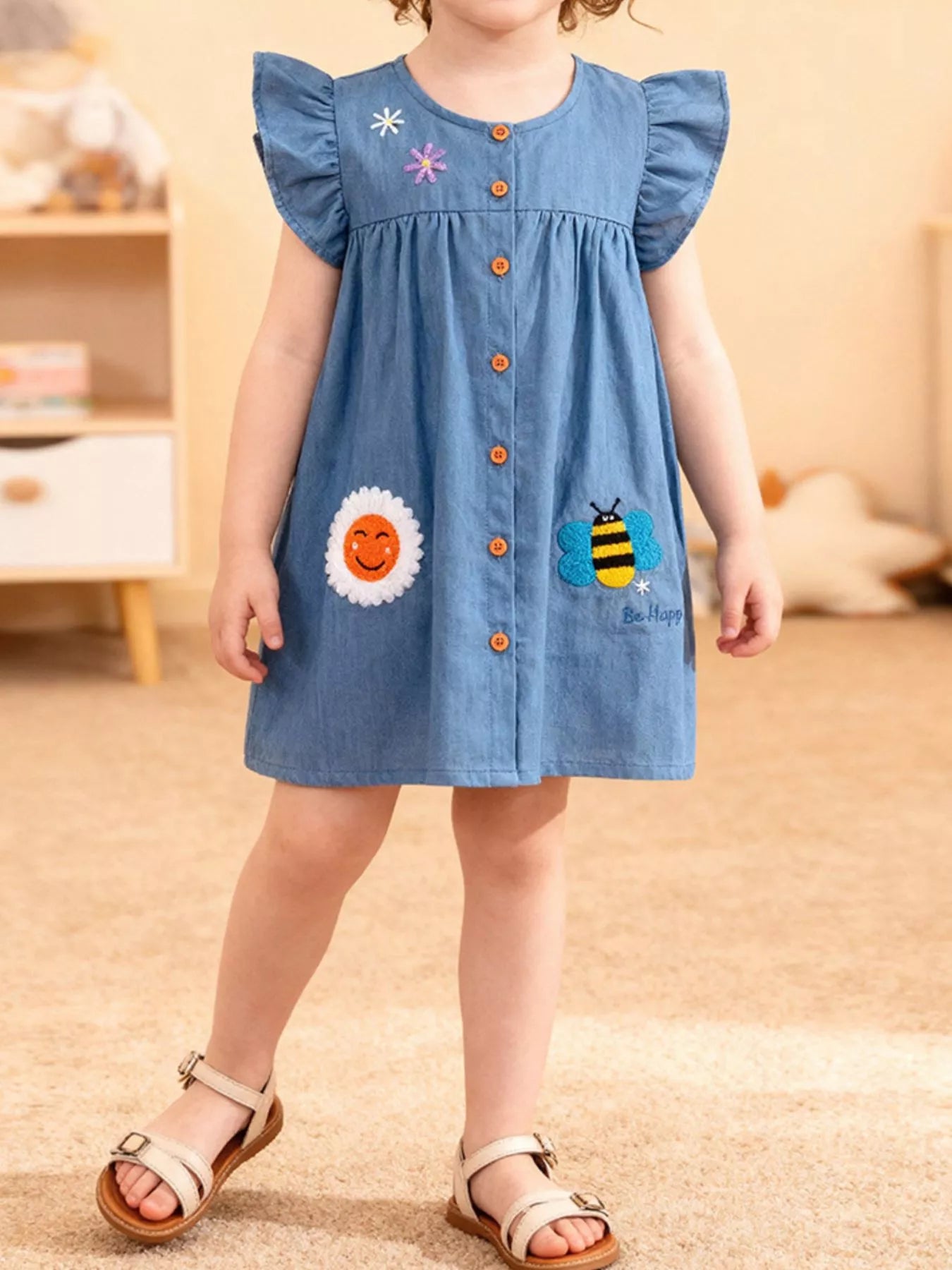 Children's Button Front Ruffle Sleeve Denim Dress