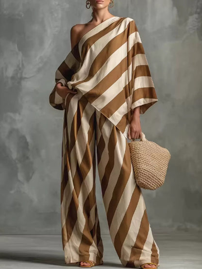 Full Size One-Shoulder Striped Top and Wide-Leg Pants Set Plus Size