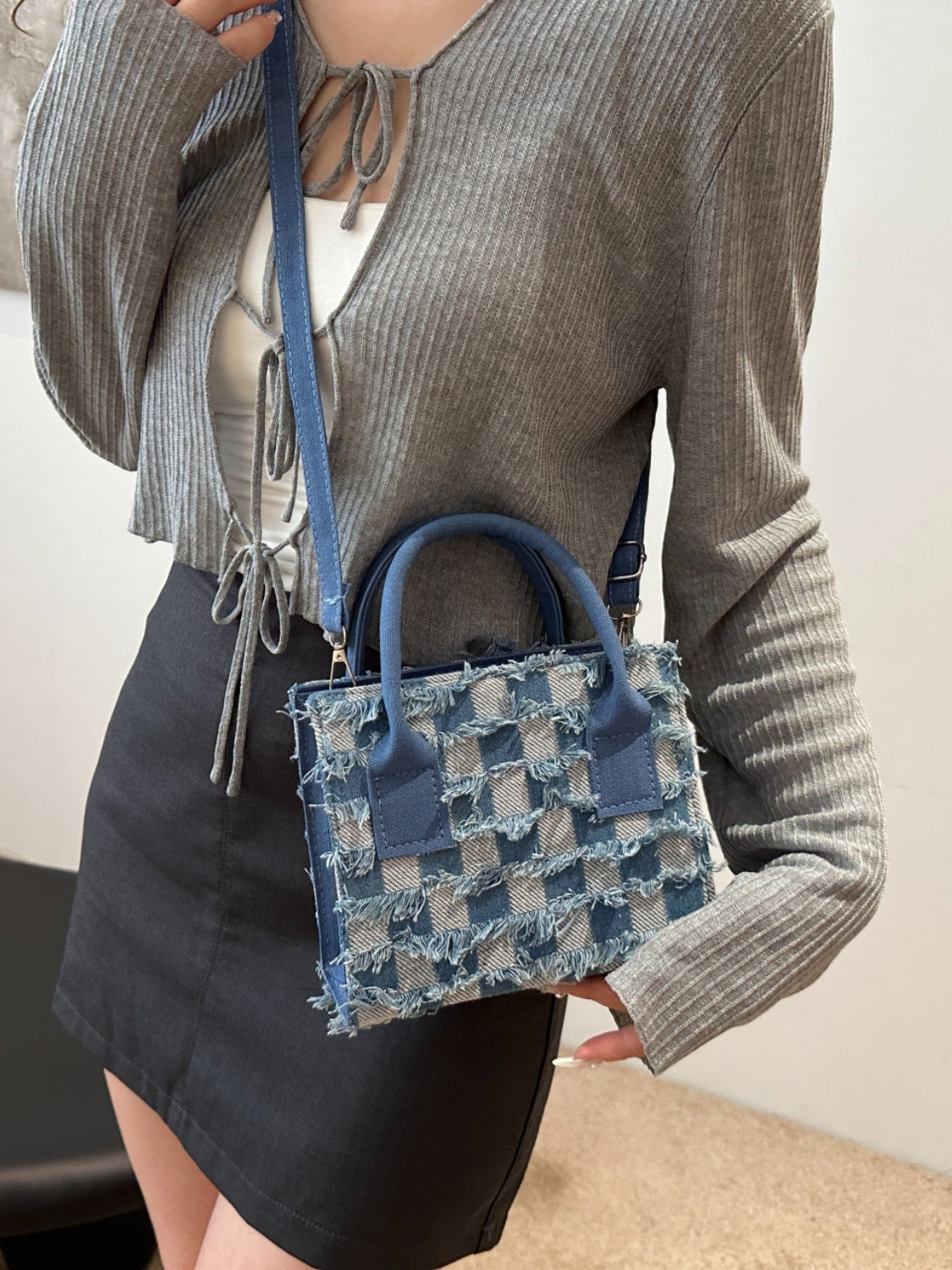 Checkered Denim Handbag - MONLANE