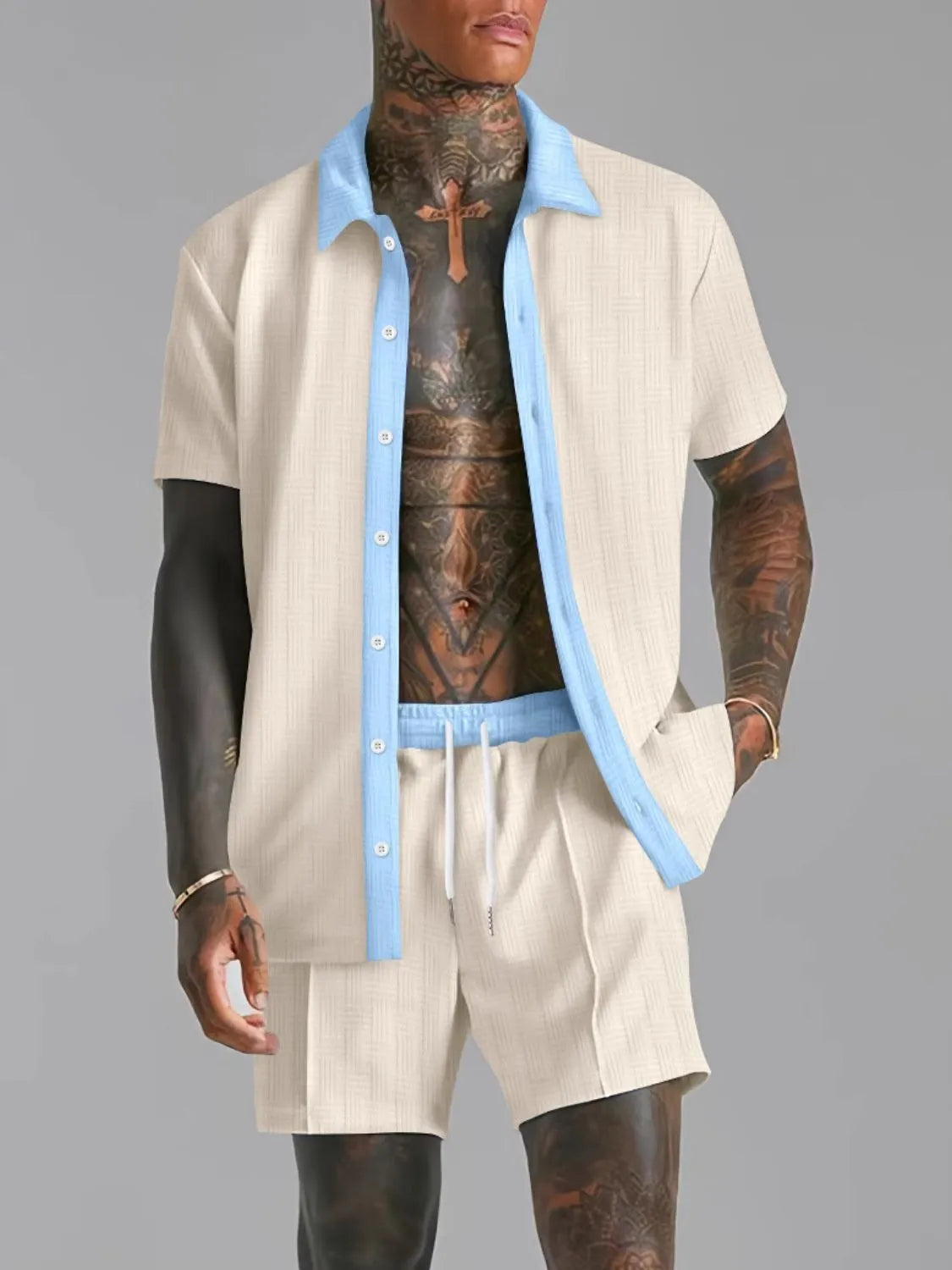 Men's Full Size Detailed Top and Shorts Set