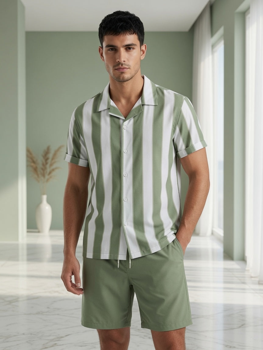 Men's Striped Casual Shirt and Shorts Set