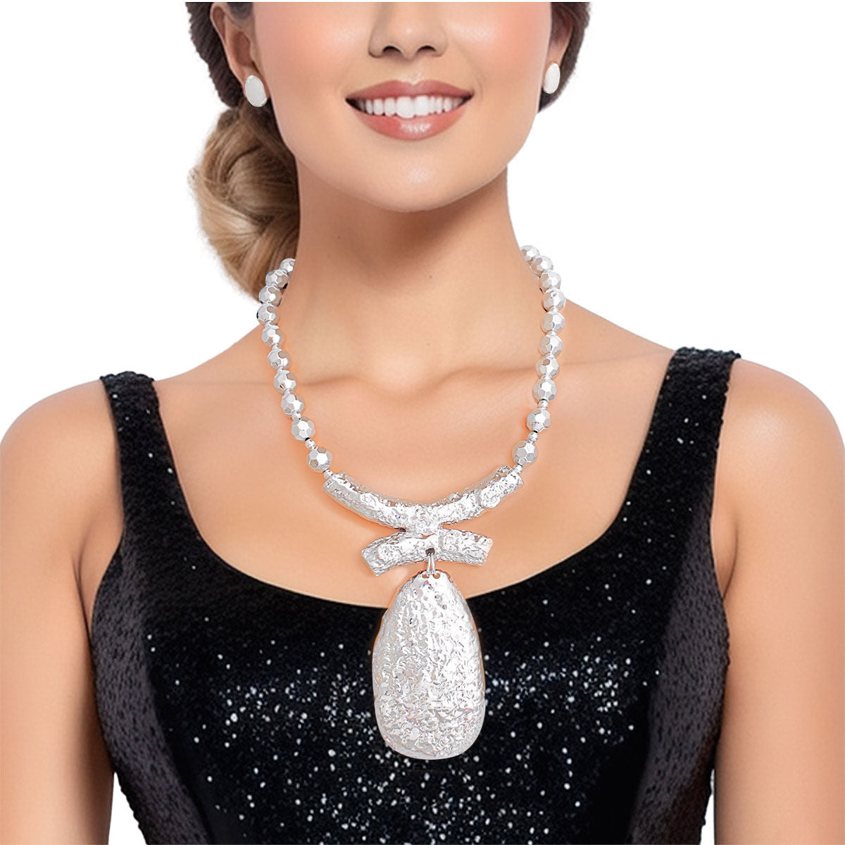 Pendant Necklace Bead Silver Teardrop Set